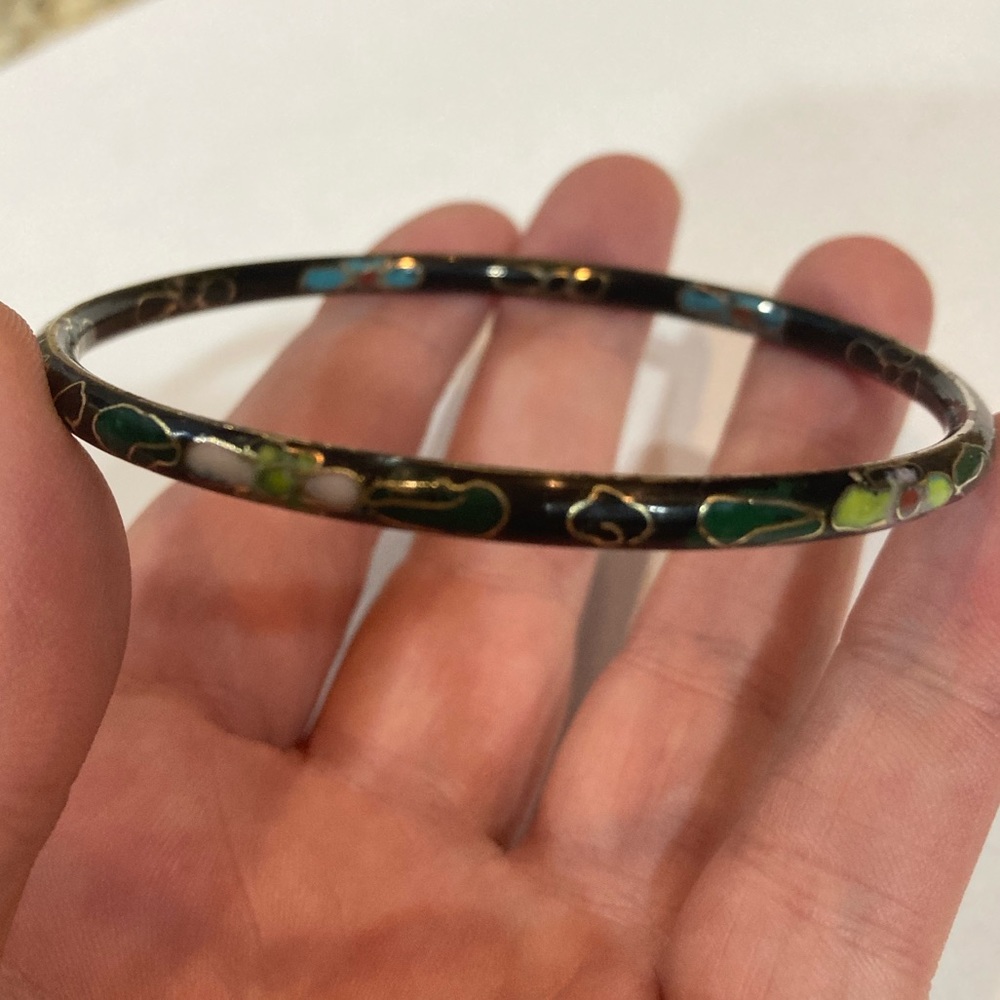 Rare Black Cloisonné Bracelet‎ Green Yellow Blue Good Vintage Condition